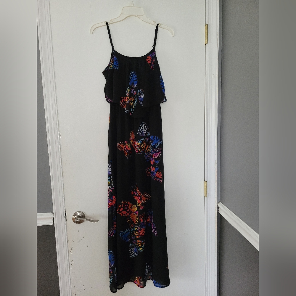 Womens Black Maxi Dress with Colorful Butterfly Print In XS/TP